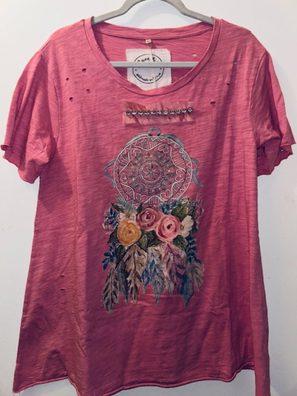 A Rare Bird Pretty Pink Rose Dream Catcher Tattered Hand Made Tee Shirt NWT